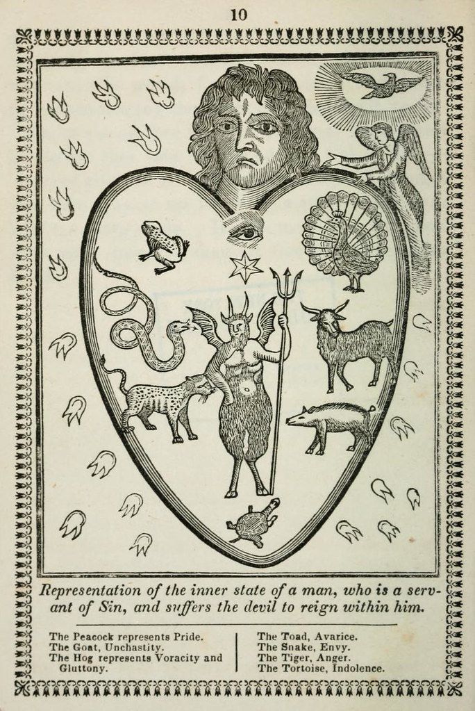 A vintage black and white illustration depicting a man's face within a shield, surrounded by animals representing different sins, with an angel and a devil flanking the scene.