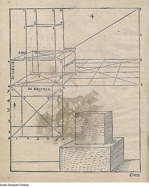 Old book page with geometric diagram and stairs