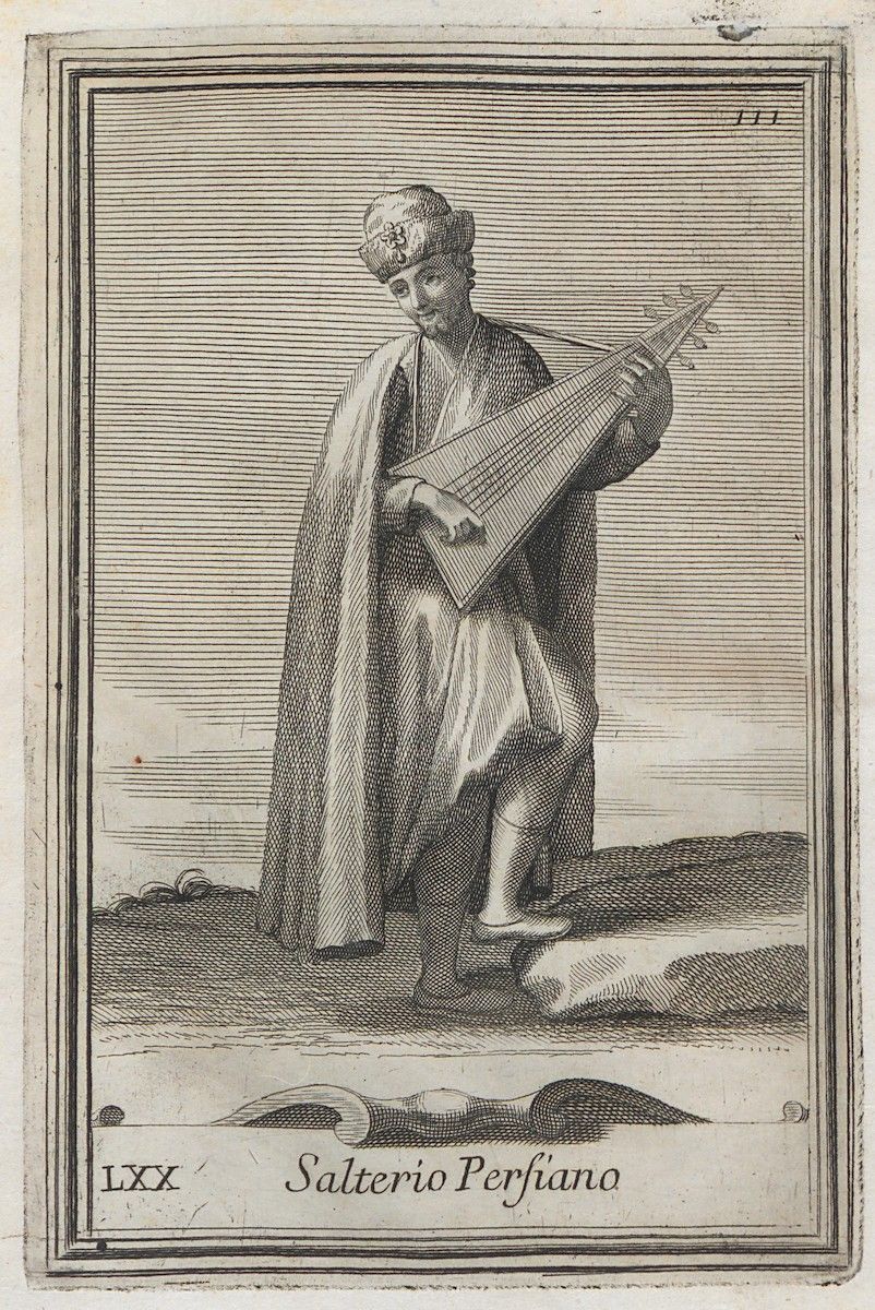 Black and white engraving of a man playing a stringed instrument, labeled "Salterio Persiano".