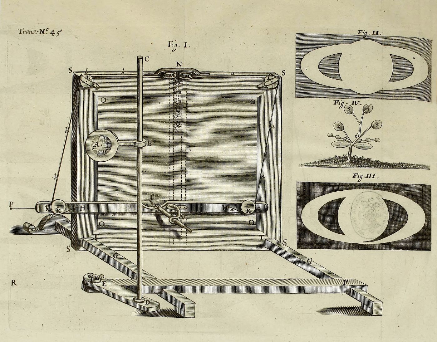 A detailed black and white engraving of a scientific apparatus with supporting diagrams of seeds and a plant.