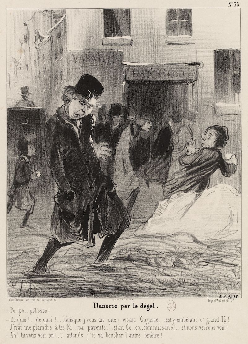 A black and white engraving depicting a chaotic scene within a room. A man in a top hat and coat is dramatically gesturing with his arms, while a woman and child look distressed. Two men are partially visible in the background.