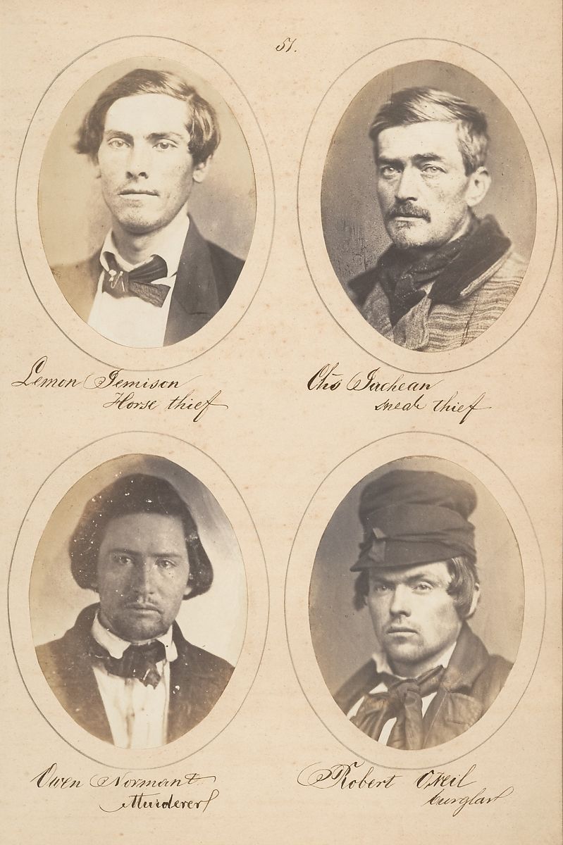 Four oval-shaped portraits of men, each identified with their name and alleged crime, arranged in a 2x2 grid. The image is sepia-toned and appears to be a historical document.