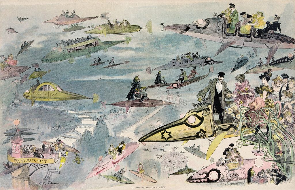 Vintage illustration of a futuristic cityscape filled with fantastical flying machines and elegantly dressed people, reminiscent of Art Nouveau and Belle Époque charm.