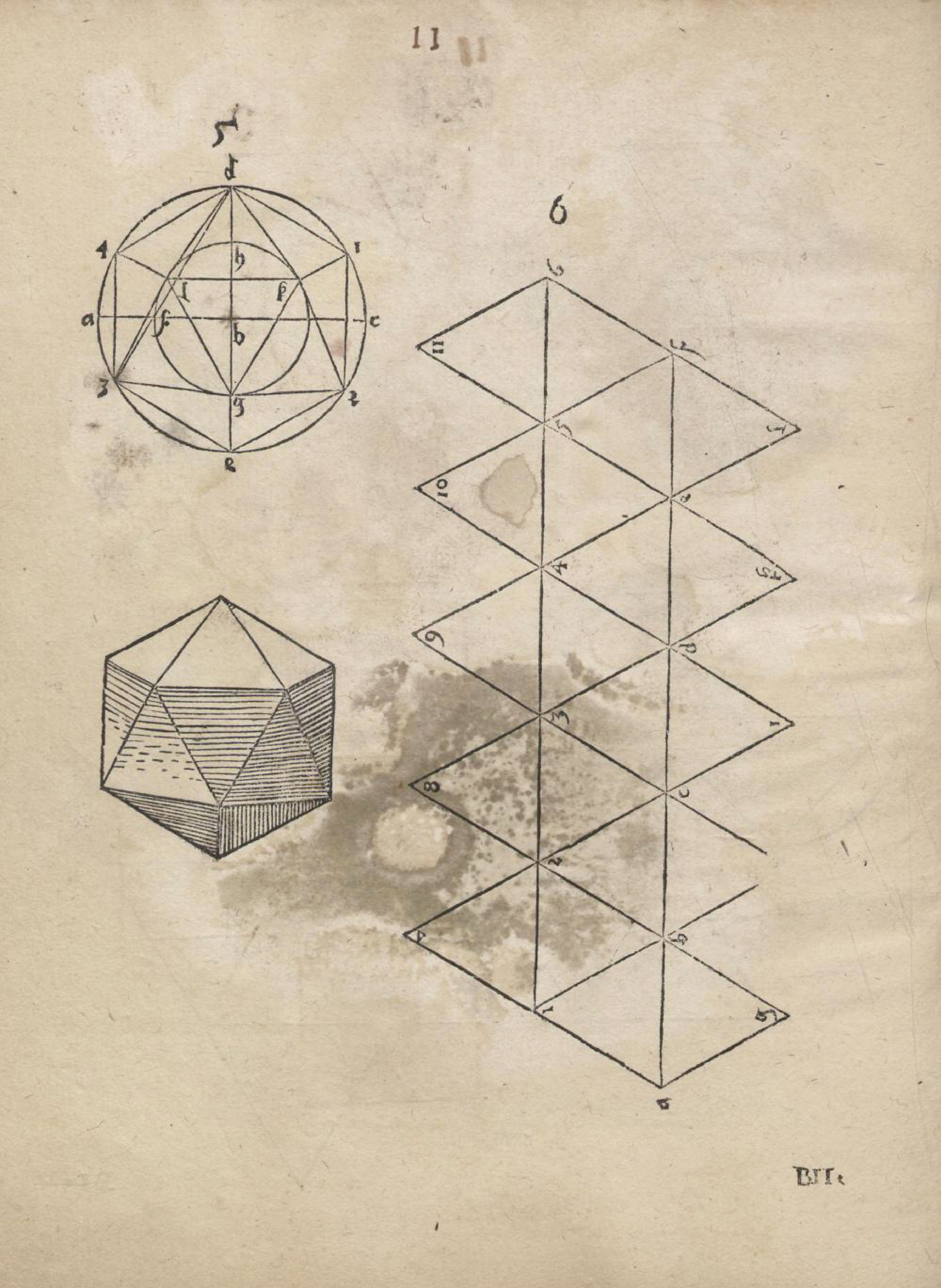 Vintage illustration of geometric shapes including a dodecahedron, a cube net, and a solid cube.