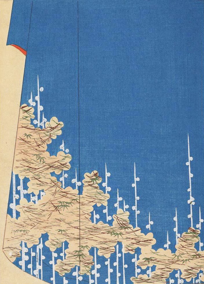 Close-up of a blue kimono with a beige floral pattern along the edges.