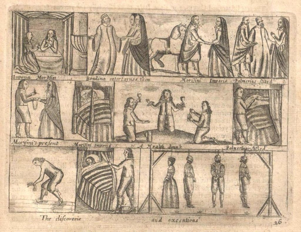 A black and white engraving depicting a series of scenes arranged in a grid-like pattern. The style is reminiscent of early woodcuts or engravings, with simple lines and shading. The overall impression is one of historical documentation, possibly related to legal proceedings or executions.