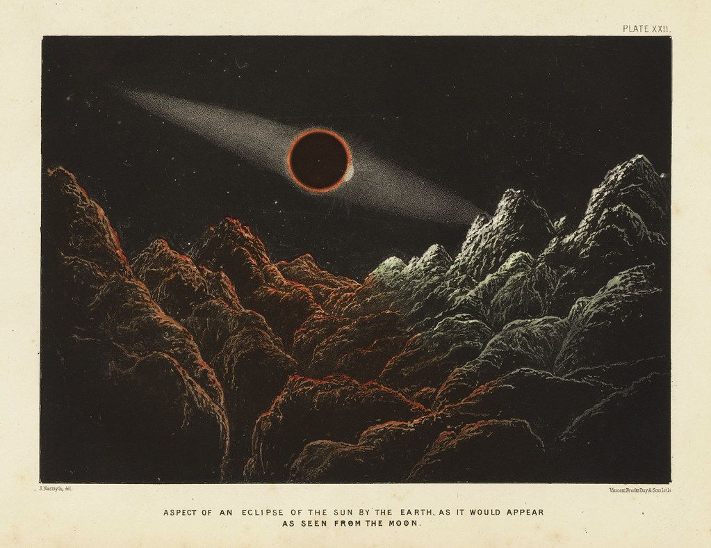 Vintage illustration of a solar eclipse as seen from the Moon, with a dark lunar landscape and a bright sun partially obscured by the Earth.