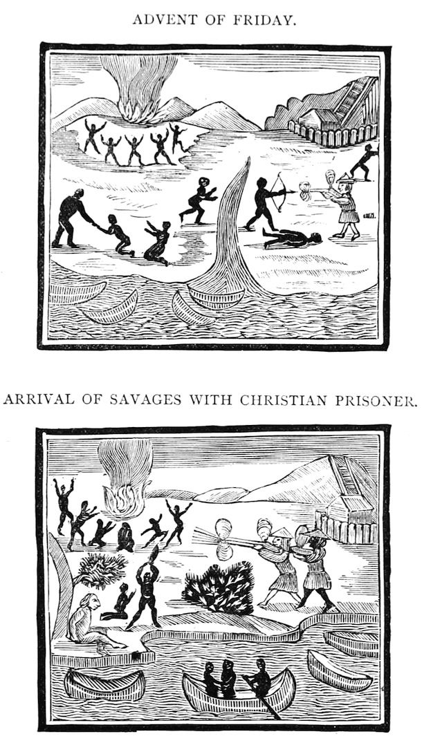 Two woodcut illustrations depicting scenes of conflict between indigenous people and Europeans. The top panel shows an attack with arrows and a fallen figure, while the bottom panel shows the arrival of indigenous people with a Christian prisoner.