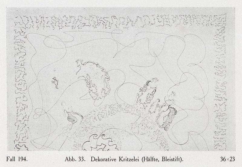 A vintage monochrome drawing of a decorative border design with floral motifs, animals, and text in German.