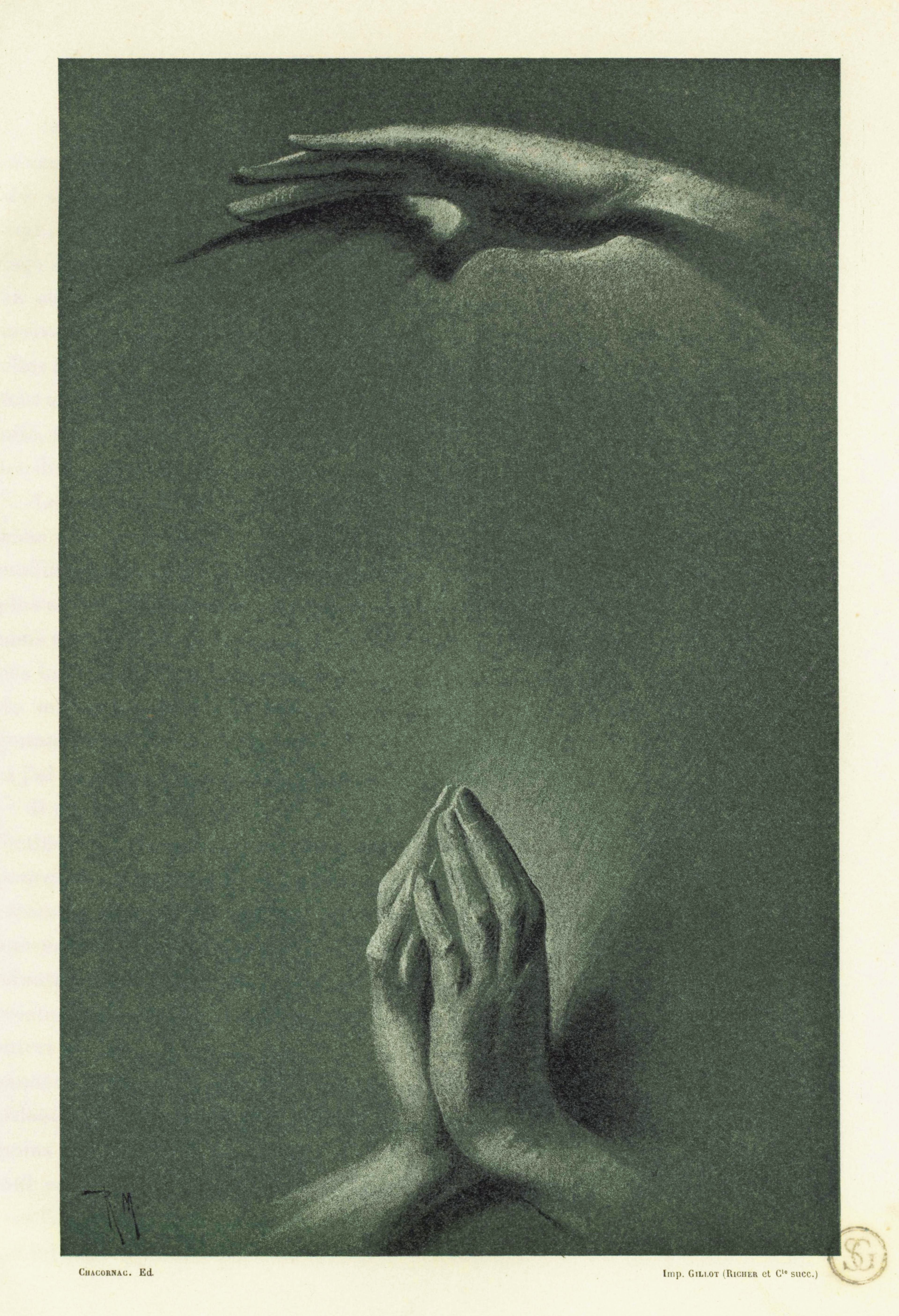 Close-up of clasped hands in a vintage print with a dark olive green background.