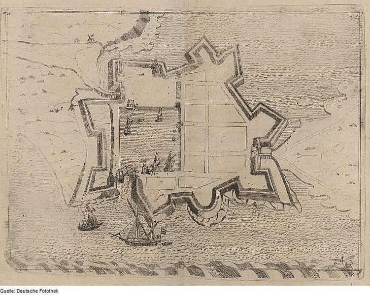 Vintage sketch of a star-shaped fort with ships and a coastal landscape.
