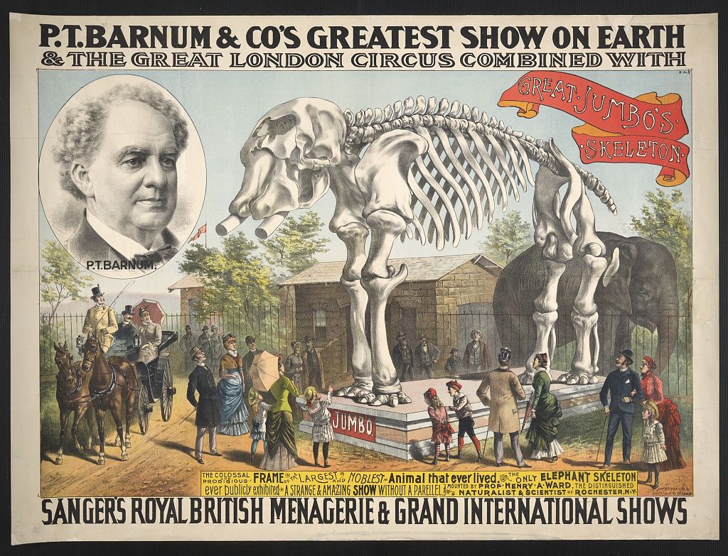 Vintage circus poster advertising P.T. Barnum's Greatest Show on Earth and Jumbo's Skeleton.