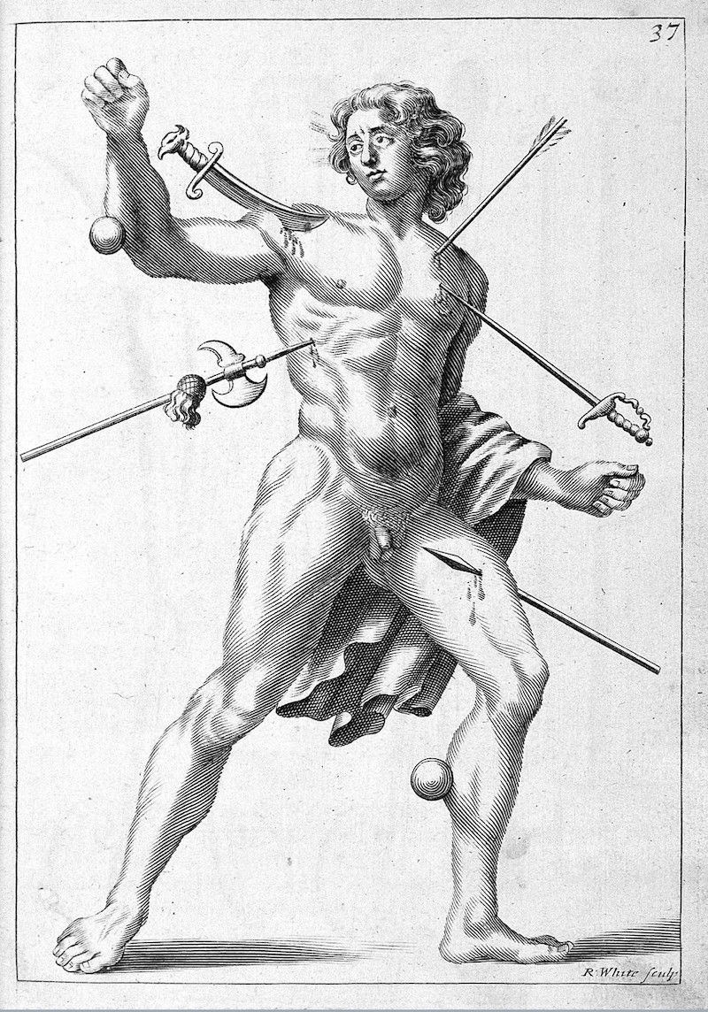 A black and white engraving of a muscular nude man pierced by swords and arrows, with a distressed expression and a piece of drapery around his waist.