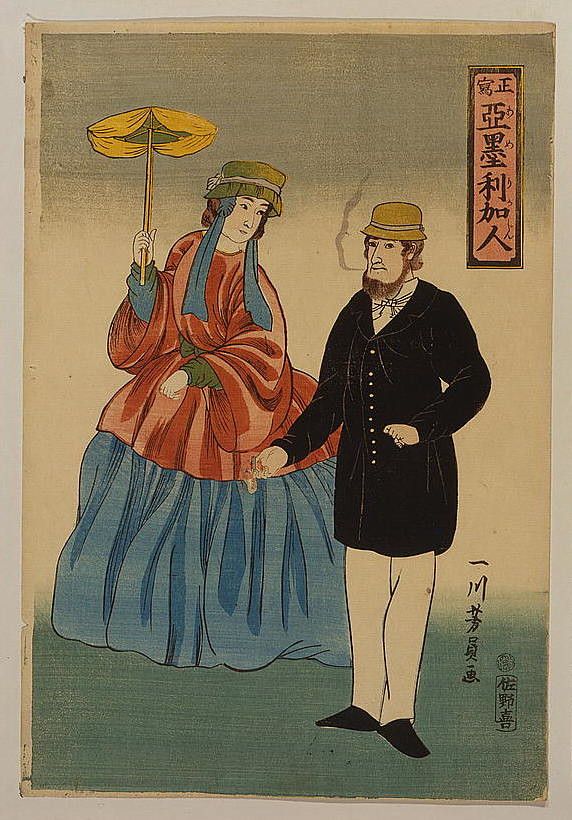 A Japanese woodblock print of a European couple. The woman is seated in a red dress and holding a parasol, while the man stands beside her in a black coat and top hat.