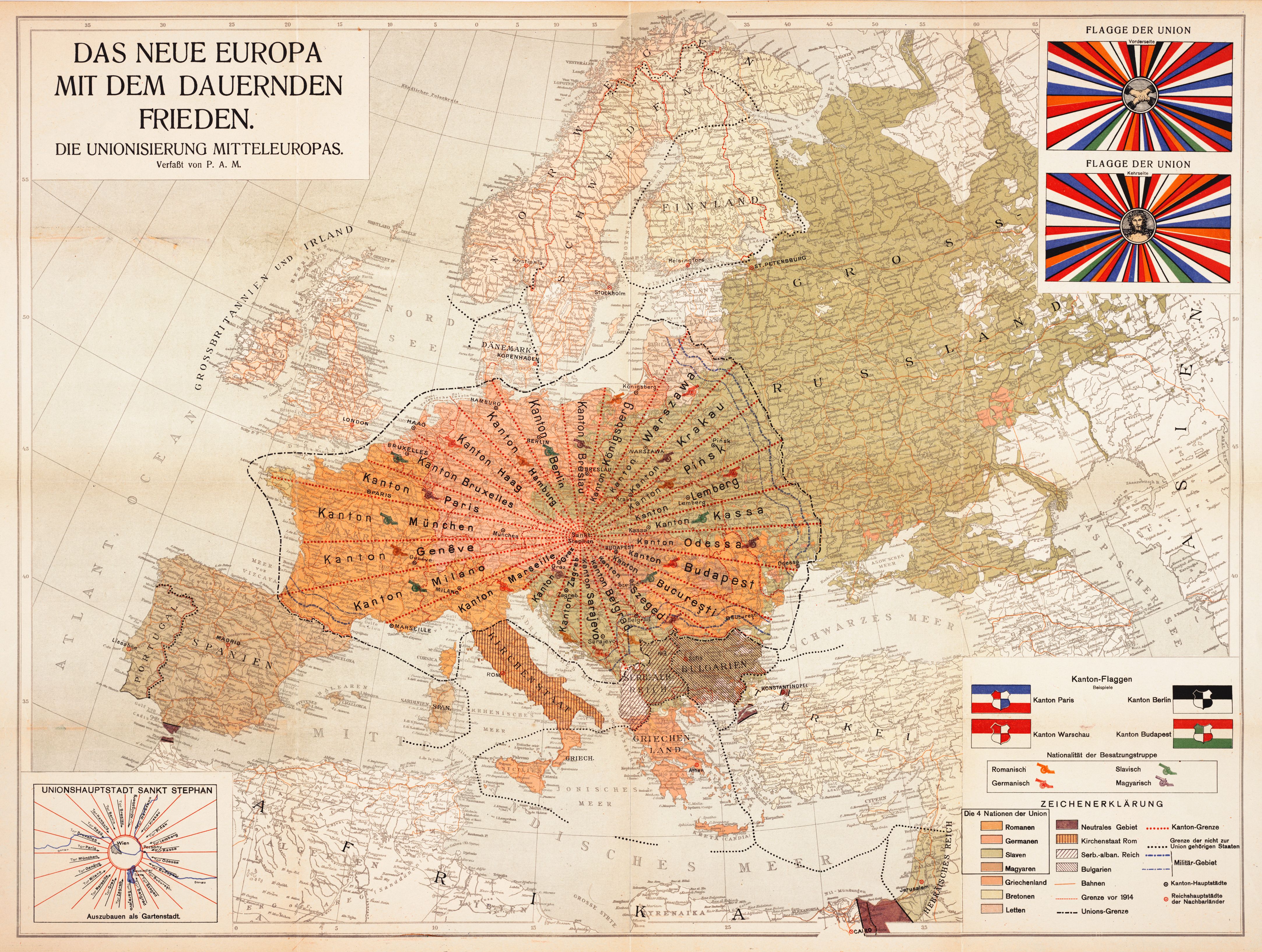 A vintage map titled "Das Neue Europa mit dem Dauernden Frieden" (The New Europe with Lasting Peace), depicting a proposed reorganization of Europe after World War I.