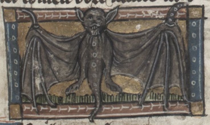 A medieval manuscript illumination depicting an 'incubation demon' with a grotesque face and dark skin, crouching with outstretched arms.