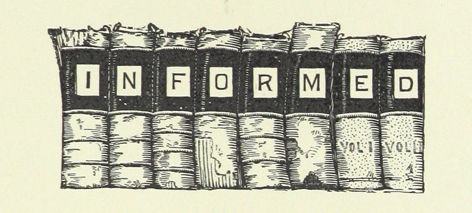 A row of books spelling out the word 'INFORMED' in a vintage-style illustration.