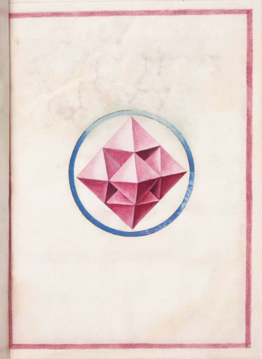 A page from a book with a pink geometric shape inside a blue circle.