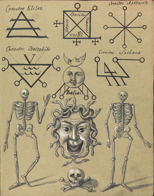 Vintage illustration of occult symbols and skeletal figures with a grotesque face in the center.