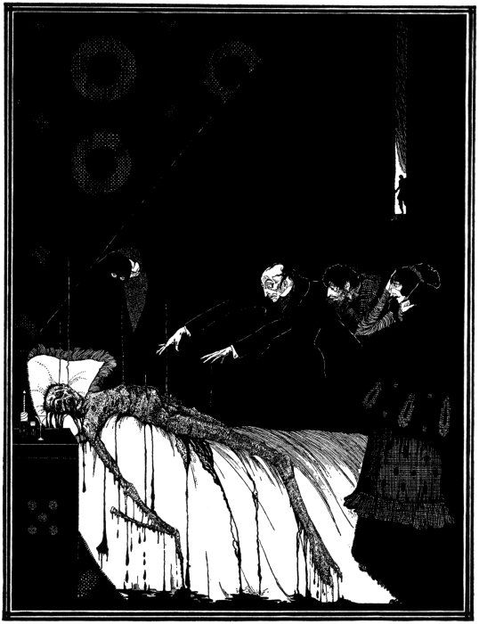 A black and white illustration of a deathbed scene with a priest, a man, and a woman attending to a dying patient.