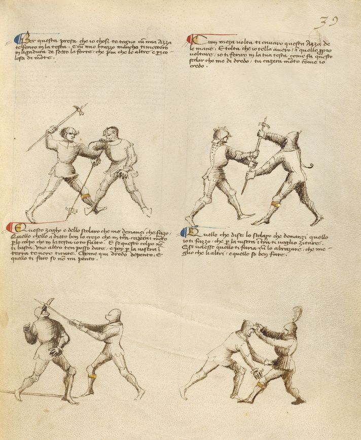 A page from a medieval manuscript depicting six men engaged in sword fighting. Each drawing shows a different combat scenario or technique, with the men wearing varying degrees of armor and wielding swords, daggers, and spears. The drawings are accompanied by text in an old script.