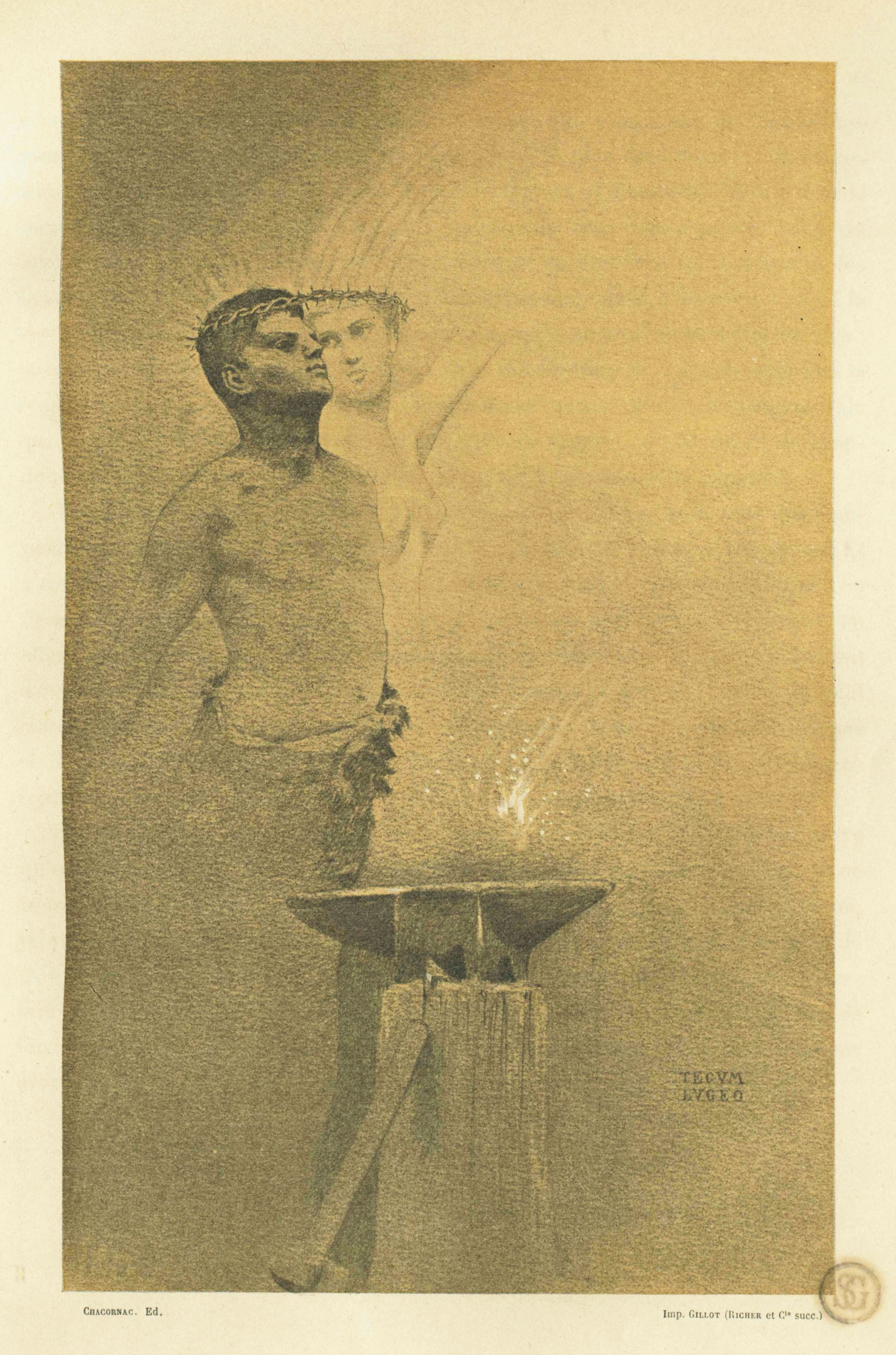A vintage lithograph depicting a young man with a crown of thorns standing on an altar, with a ghostly figure behind him and a halo above.