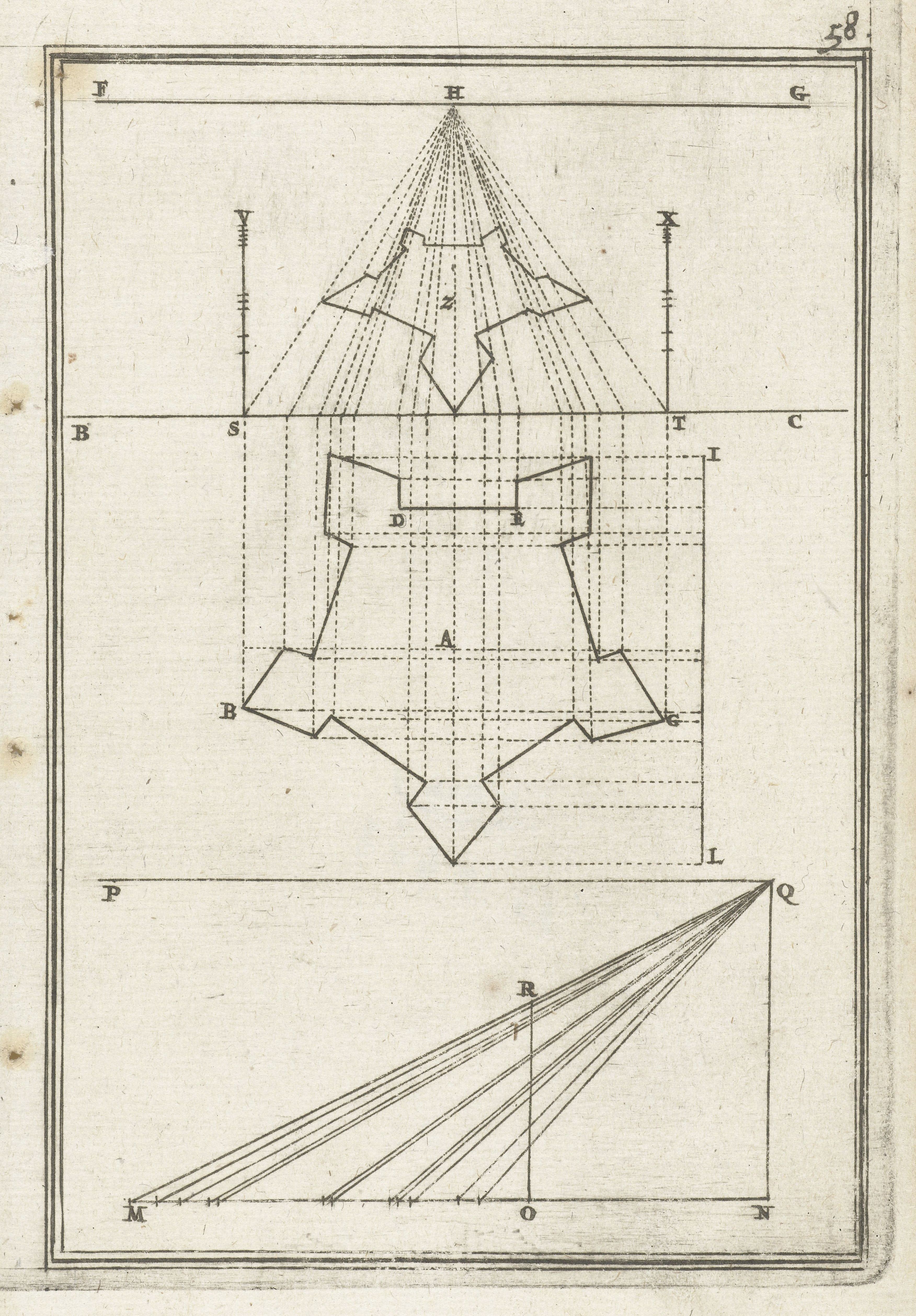 Antique diagram with geometric shapes, lines, and labels.