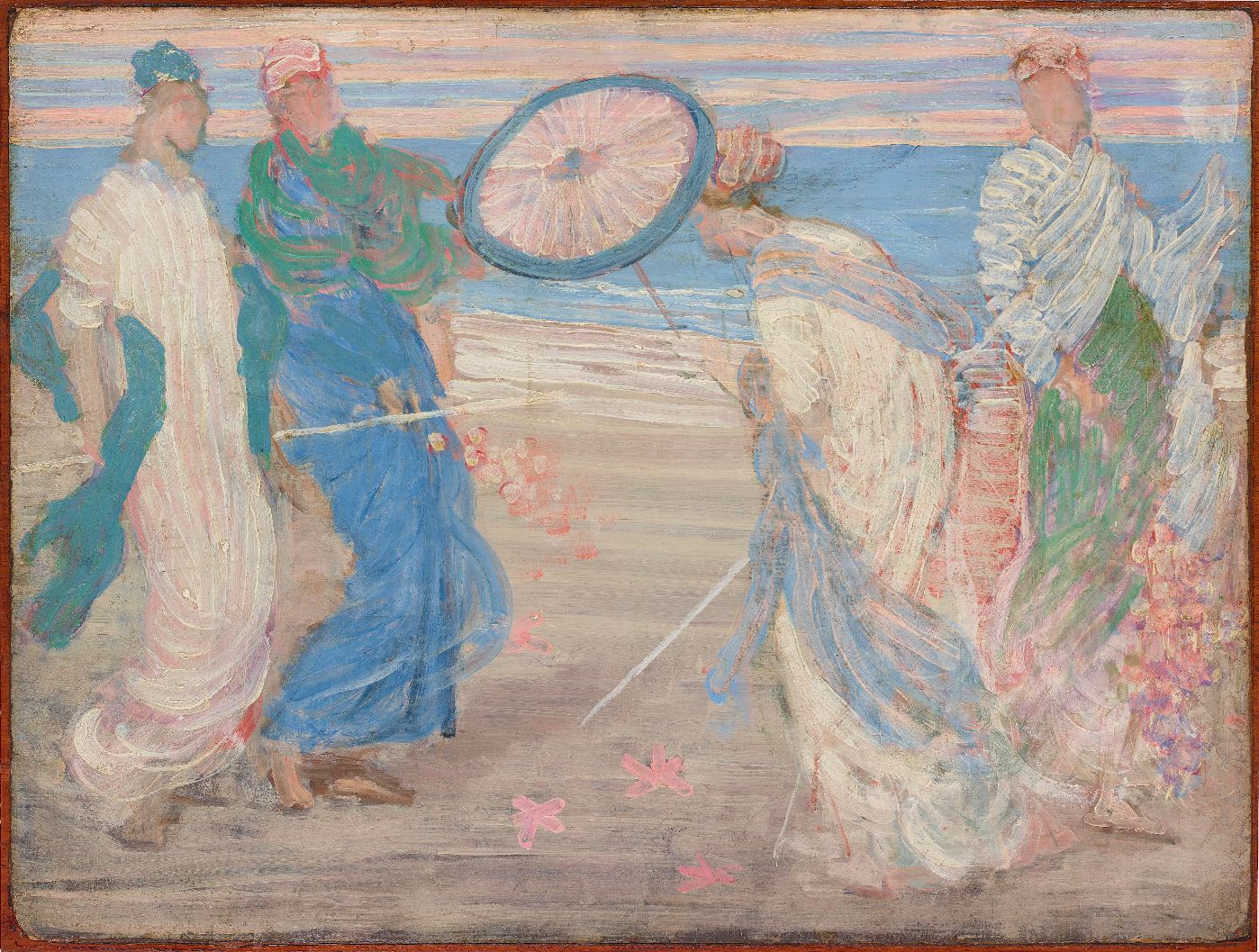 A pastel painting of four women on a beach, with a parasol and scattered flowers.