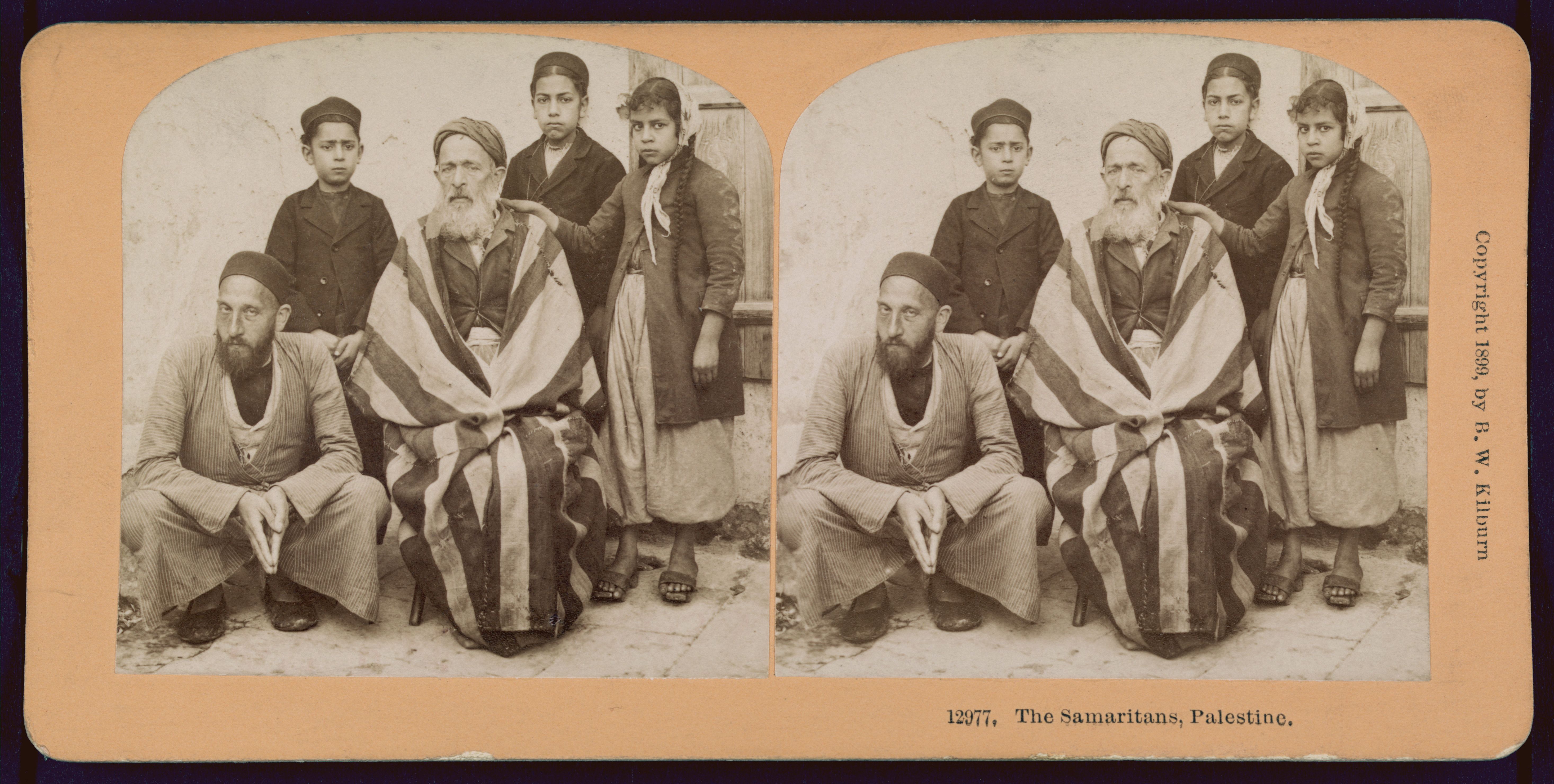 Stereoscopic photograph of six Samaritans in Palestine, late 19th or early 20th century.
