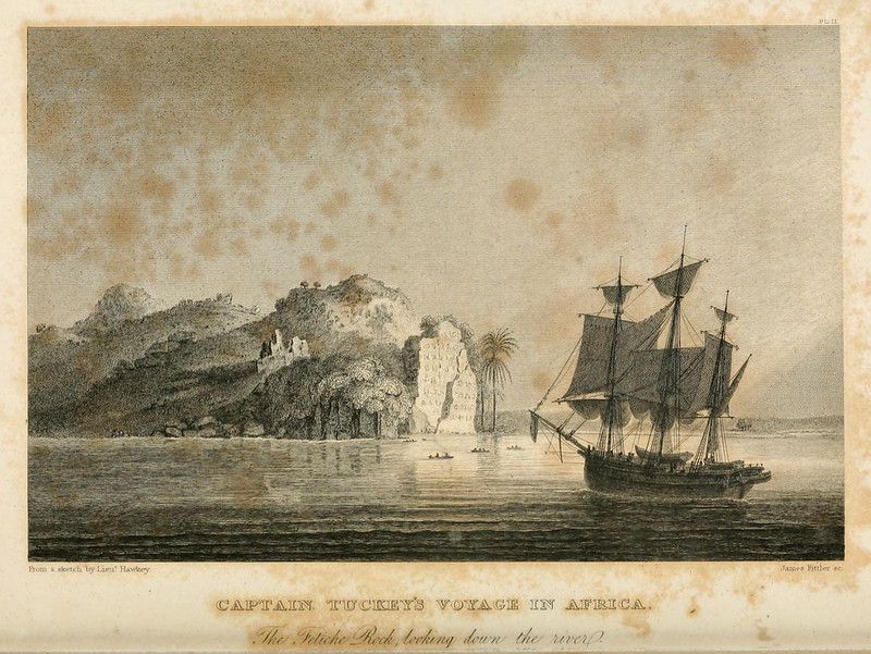 Vintage engraving of a ship anchored near a rocky coastline in Africa, titled 'Captain Tuckey's Voyage in Africa. The Pelée Rock looking down the river.'