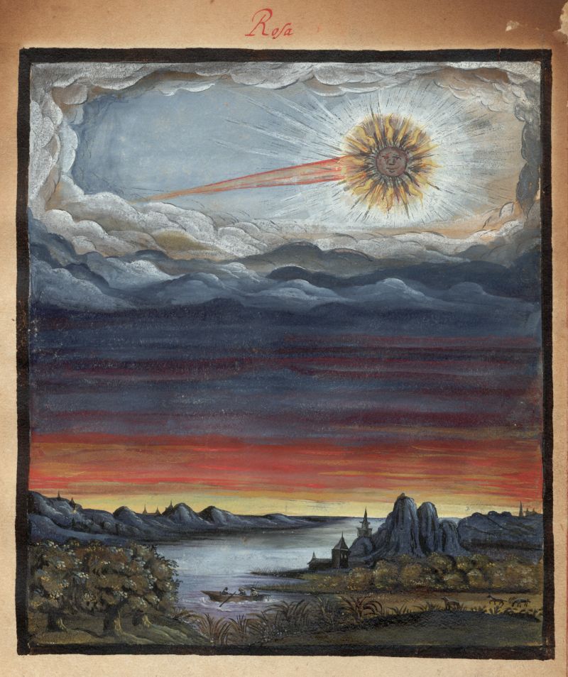 A painting of a dramatic landscape with a turbulent sky and a radiant sun. The sky is filled with dark, swirling clouds, and the sun appears as a face with radiating beams of light. Below the sky, a body of water stretches into the distance, reflecting the fiery colors of the sunset and the dark clouds above. On either side of the water are mountainous landscapes, with a small city or town nestled among the peaks. A small boat is visible on the water, adding a sense of scale and human presence to the scene.