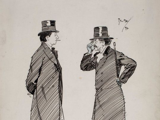 A black and white pen and ink drawing of two men in top hats and coats, facing each other in conversation.