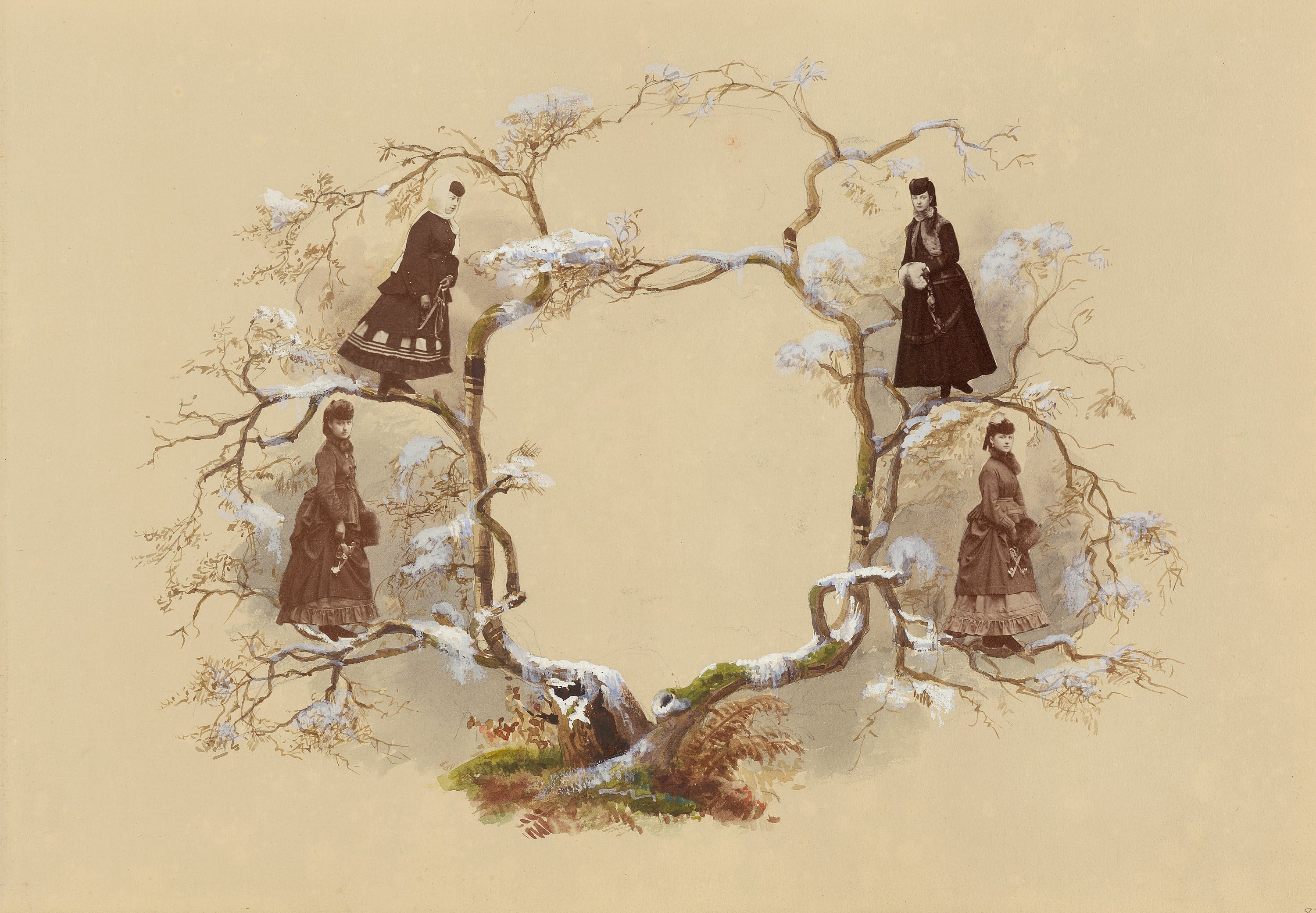 A vintage-style image featuring four figures dressed in Victorian-era clothing positioned around a circular frame formed by a tree's branches. The tree is covered in snow, and the background is a warm, sepia-toned beige.