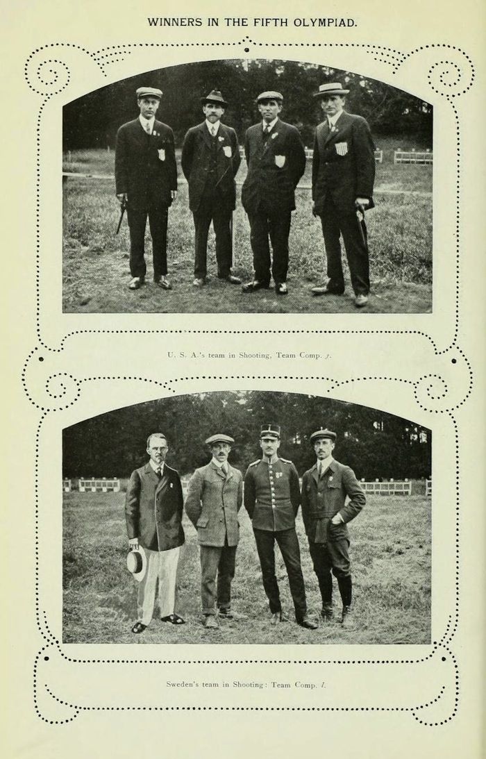 Vintage black and white photograph of the U.S.A. and Sweden shooting teams from the Fifth Olympiad.