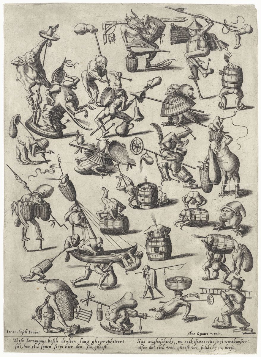 A black and white engraving depicting a chaotic scene with numerous figures tumbling, fighting, and interacting in a bizarre and humorous manner. Barrels, wheels, weapons, and tools are scattered throughout the scene.