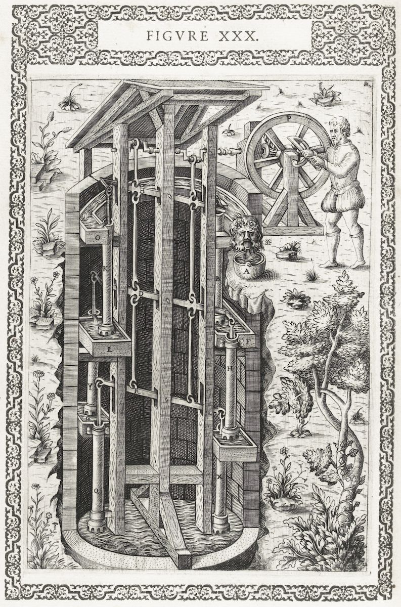 A detailed black and white engraving of a complex water-lifting device with a man operating a crank.