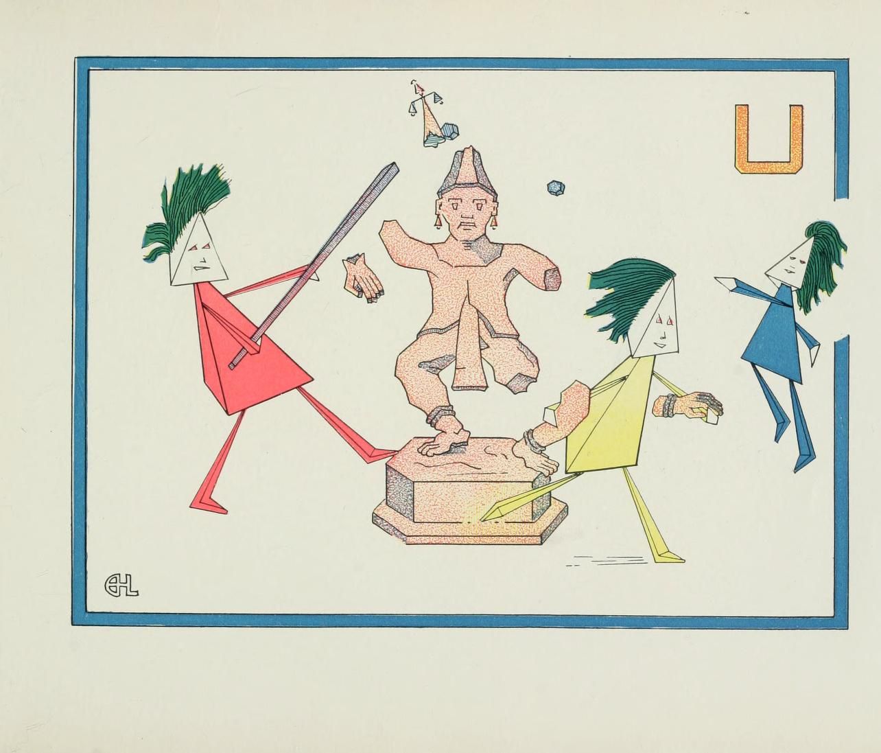 Vintage illustration of a chaotic scene around a stone statue with four geometric figures and scattered debris.