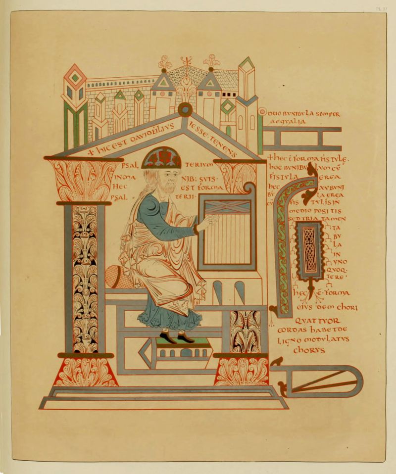 Illuminated manuscript page with a man kneeling in prayer within an ornate architectural structure.