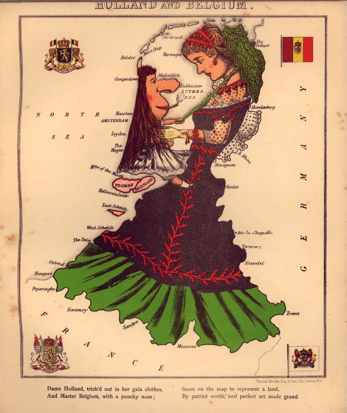 Vintage map of Holland and Belgium designed as a woman in gala clothes.