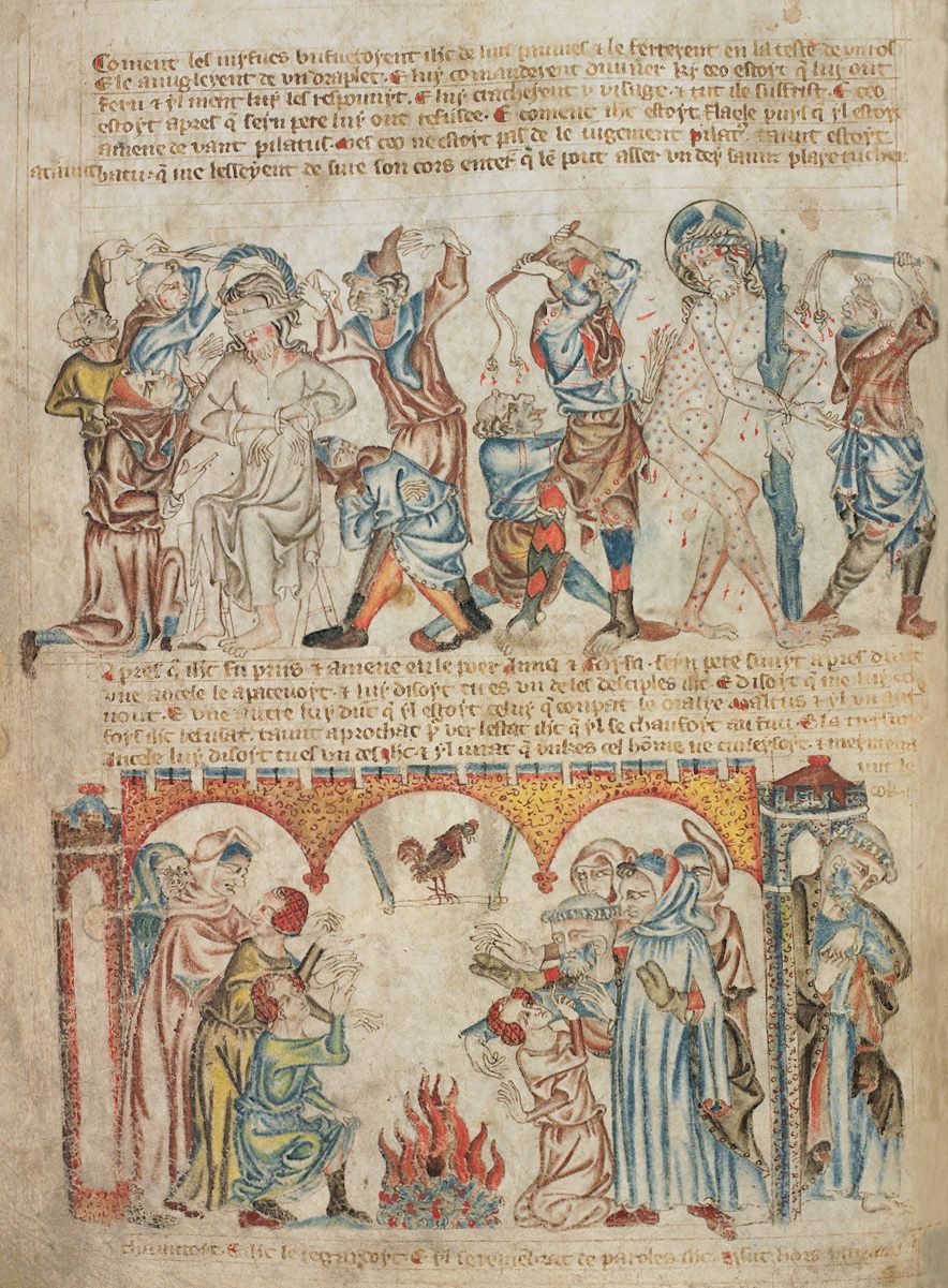 A medieval manuscript illumination depicting a scene of violence and celebration. The image is divided into two main registers, both filled with figures and action.