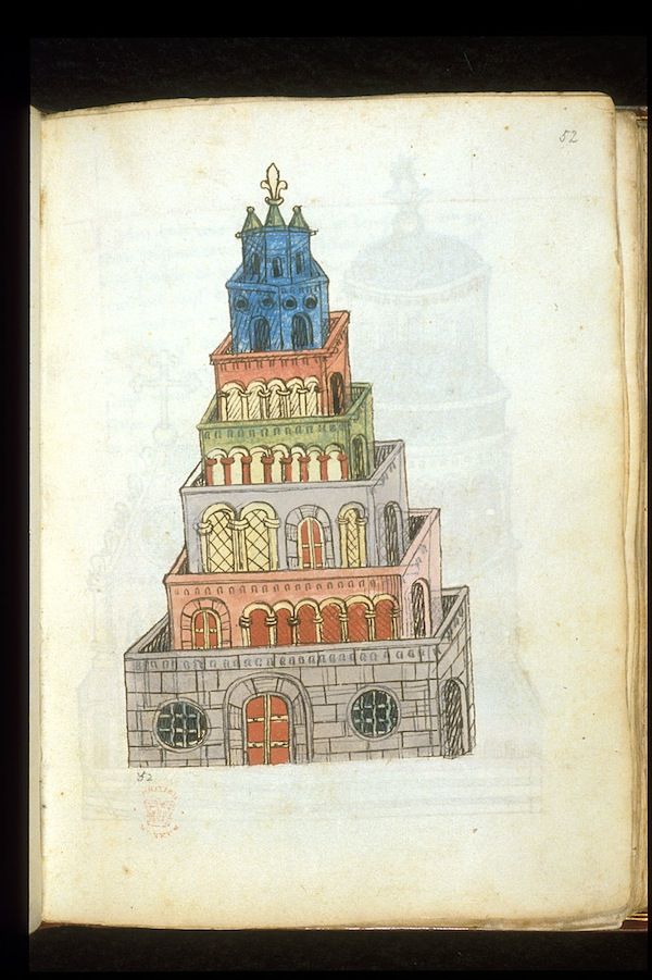 A colorful illustration of a multi-tiered tower, reminiscent of medieval or fantastical architecture.