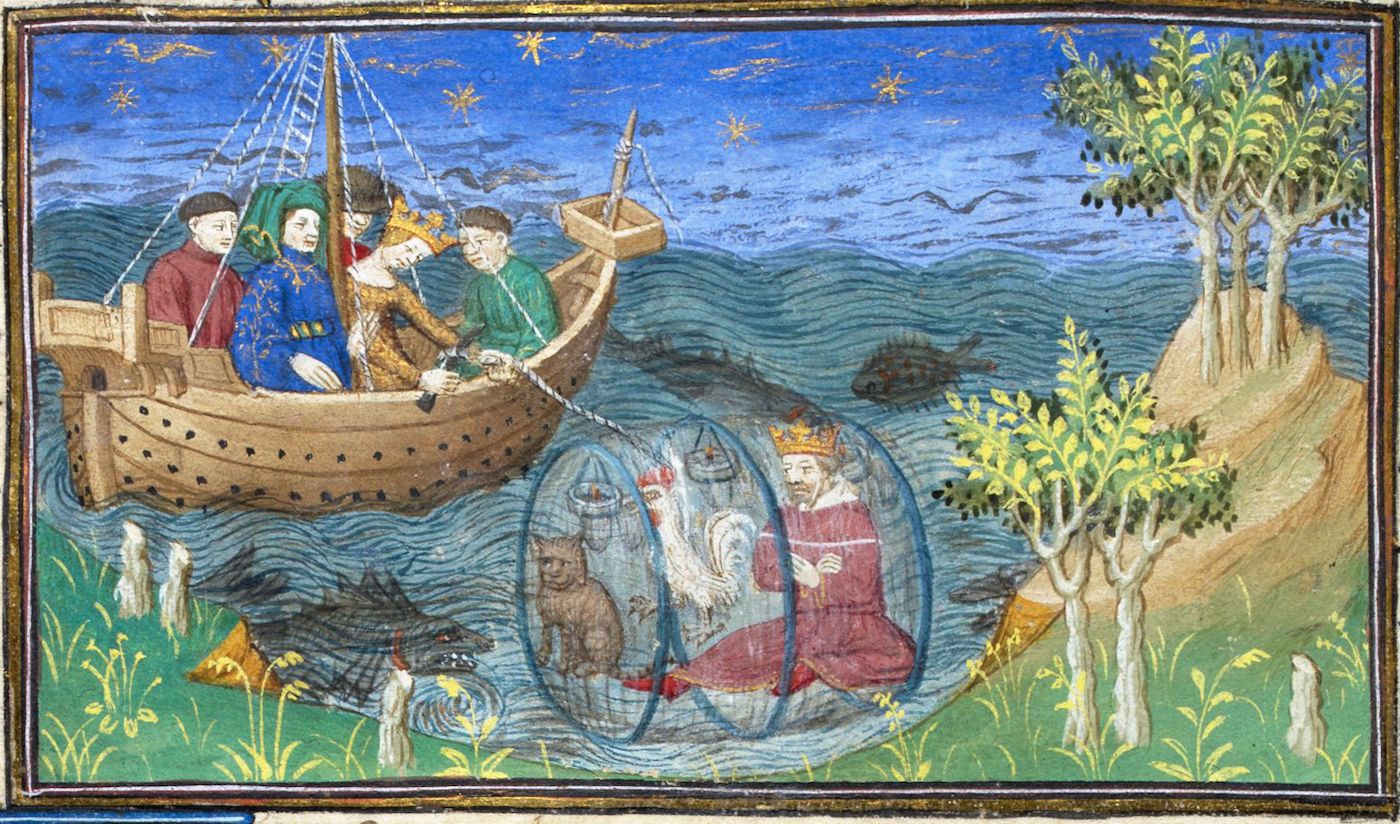Medieval manuscript illustration of a king being lowered into the water in a cage, attacked by demons, with a boat full of people and a starry sky.