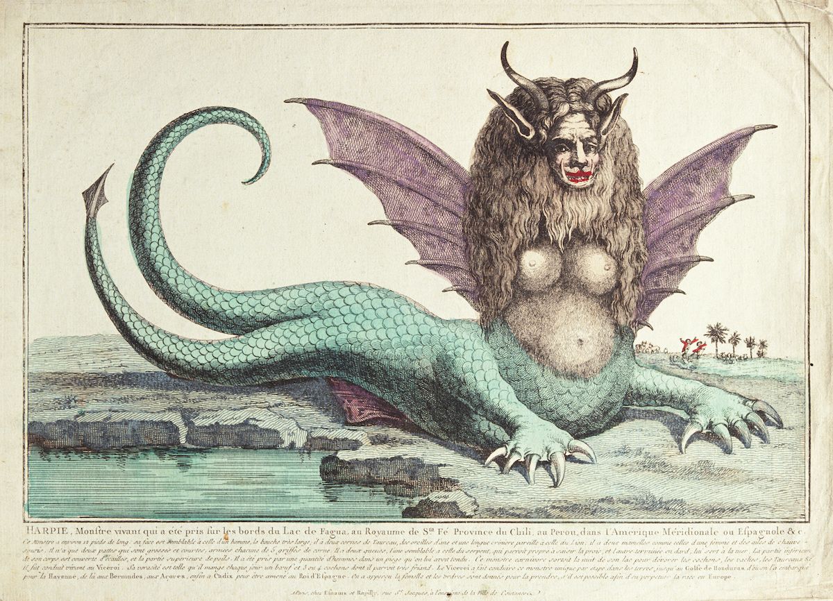 A hand-colored etching from 1791 depicting a fantastical creature, a 'Harpy', emerging from a body of water with a landscape and people in the background.