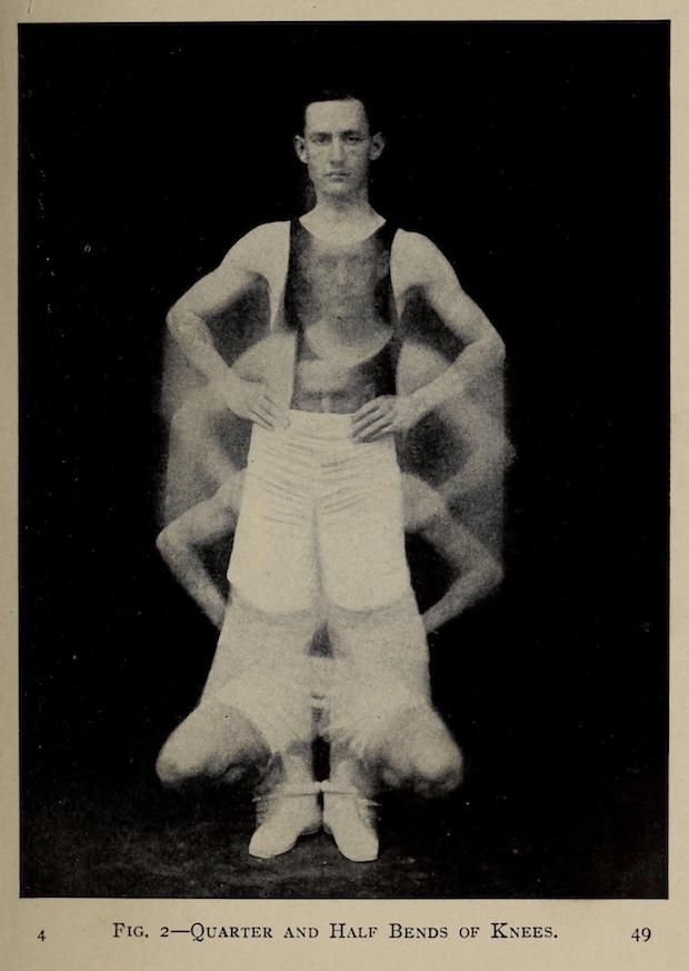 A vintage black and white photograph of a man performing quarter and half bends of the knees, shown in multiple transparent overlays to illustrate the motion.