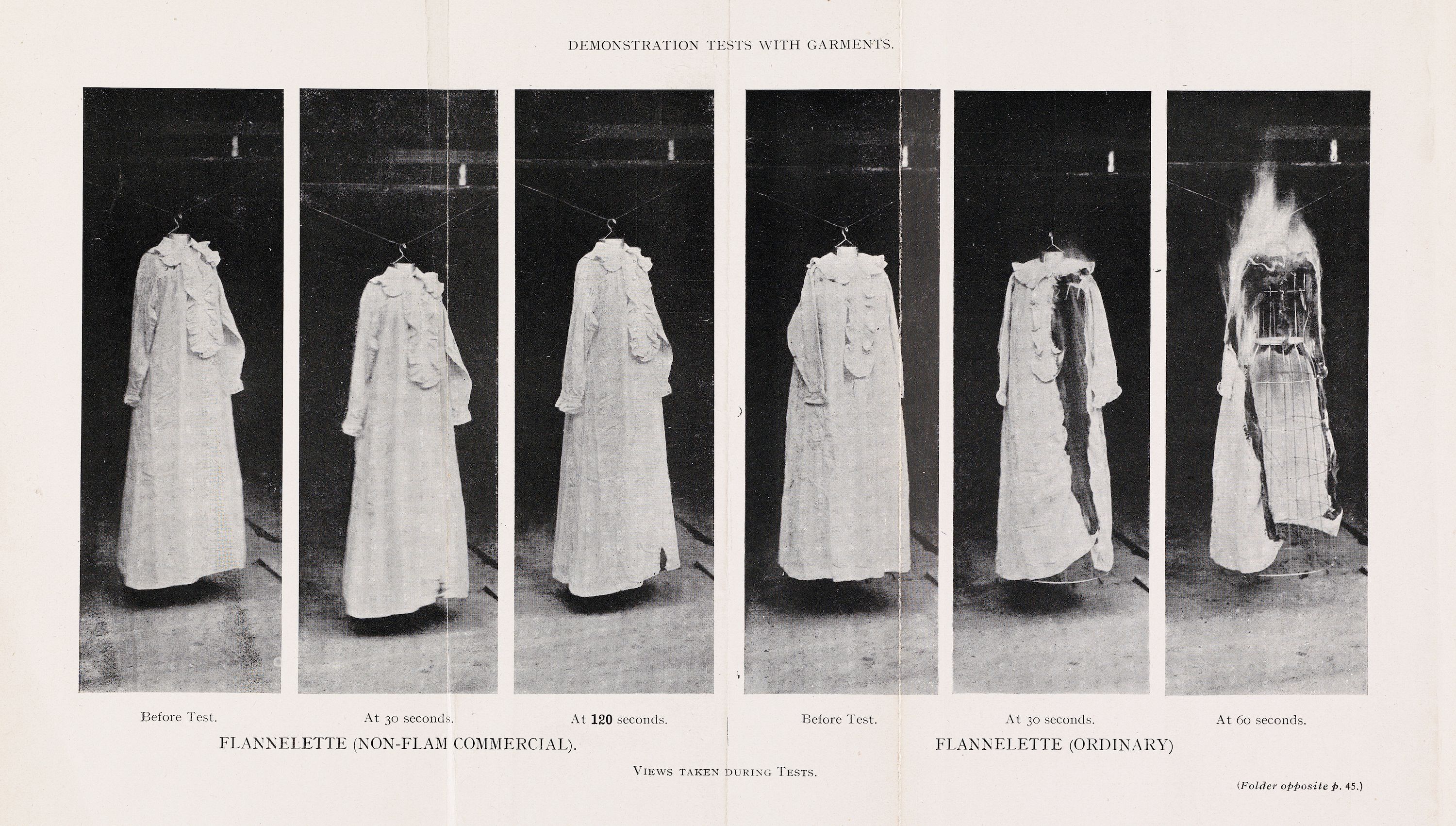 A series of six black and white photographs documenting a flammability test on two different types of flannelette garments.