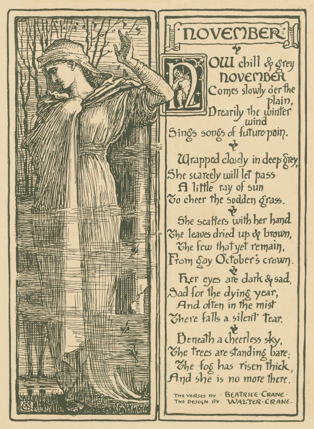 Vintage illustration of a woman walking in a landscape with bare trees, accompanied by a poem titled “NOVEMBER”.
