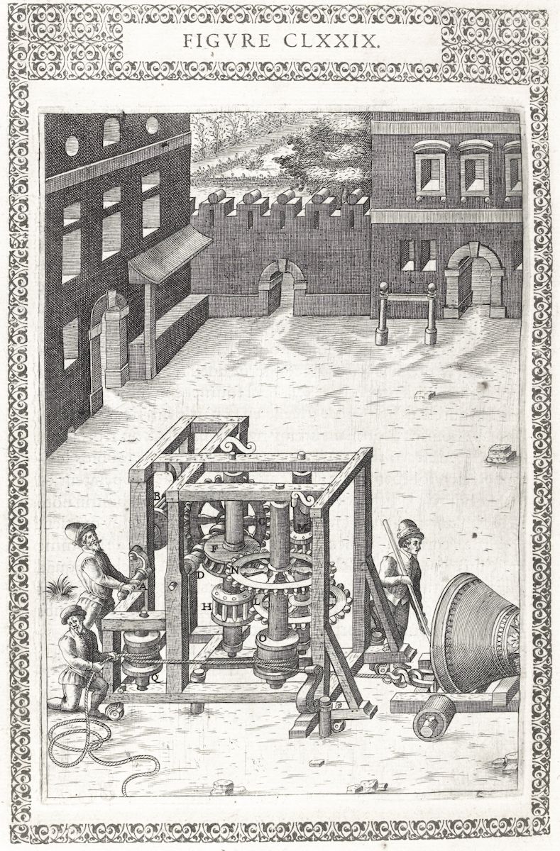 A detailed black and white engraving depicting a complex mechanical device used to ring a large bell.