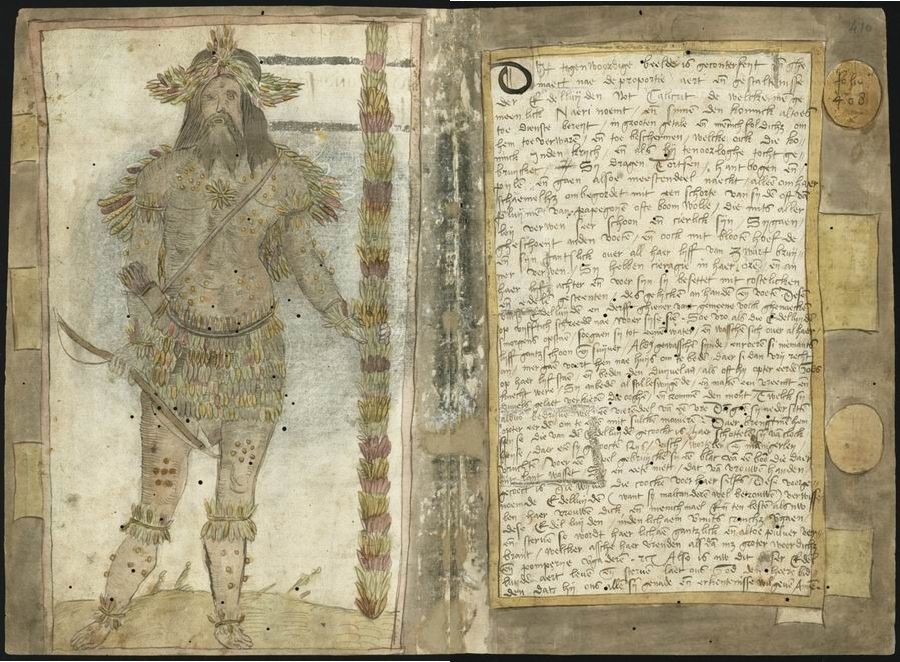 An open page from a medieval manuscript featuring a full-body illustration of a man in a fantastical costume on the left side and dense, handwritten text on the right side.