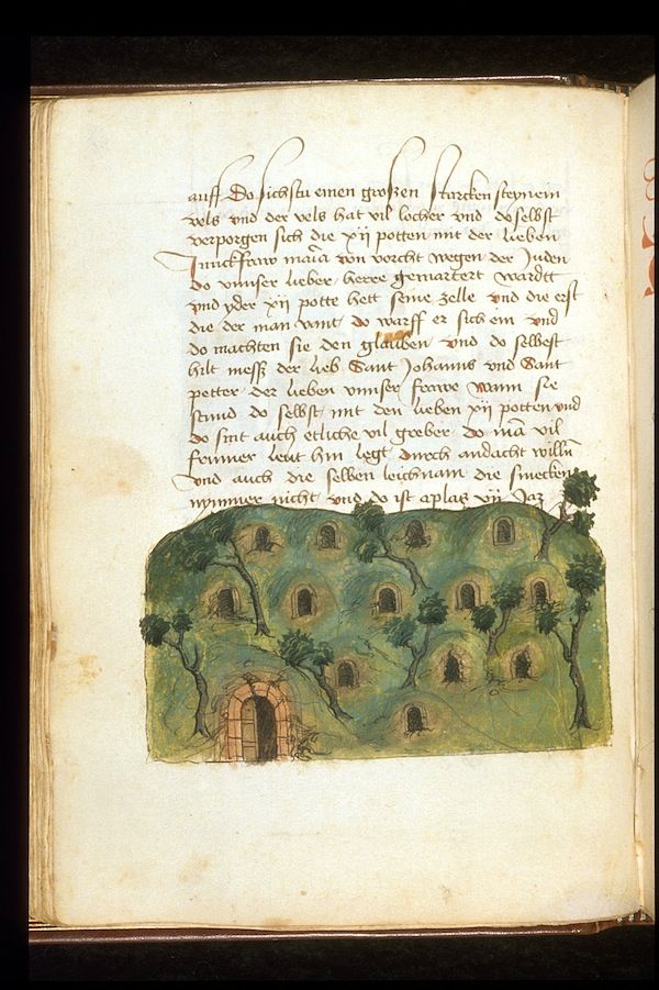 A page from a medieval manuscript with dense Gothic script and a hand-painted illustration of a lush green landscape with small buildings.