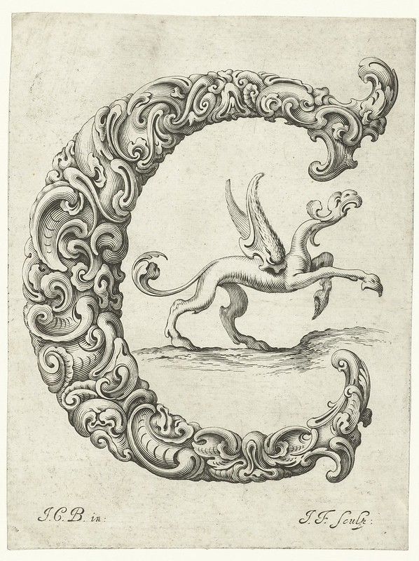 An ornate letter 'C' formed by swirling foliage and scrollwork, containing a detailed engraving of a winged lion with an eagle's head.